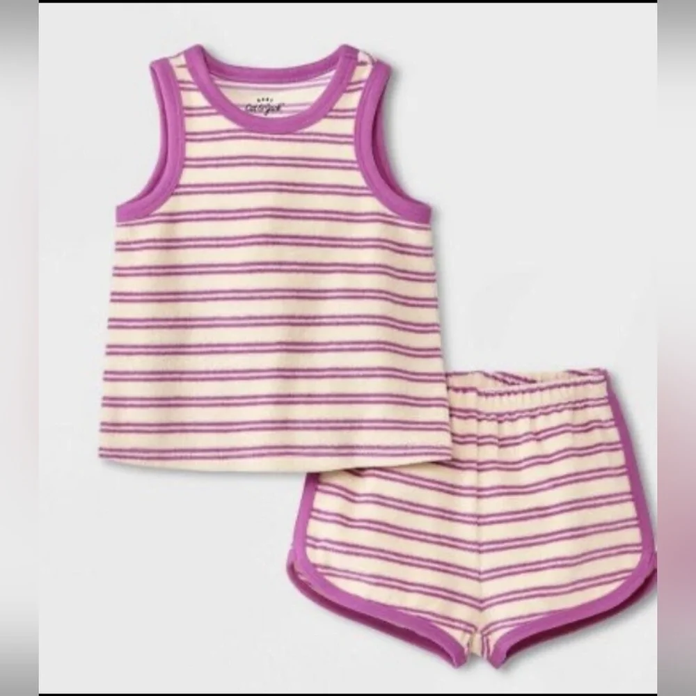 Cat & Jack Baby Girl 2pc Terry Tank Top & Shorts Set Purple & Cream Striped NWOT